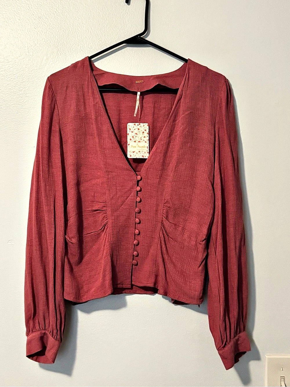 Free People Elliot Smocked Solid Top Blouse Pink Medium